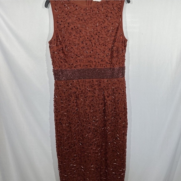 NEW $398 Mac Duggal [ 10 ] Geometric Beaded Midi Cocktail Dress in Brick‎ - Picture 7 of 14